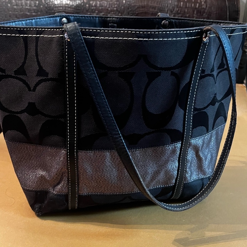Vintage COACH Black/Gray Signature Stripe Tote Bag Shoulder Purse 11098 - Picture 2 of 12